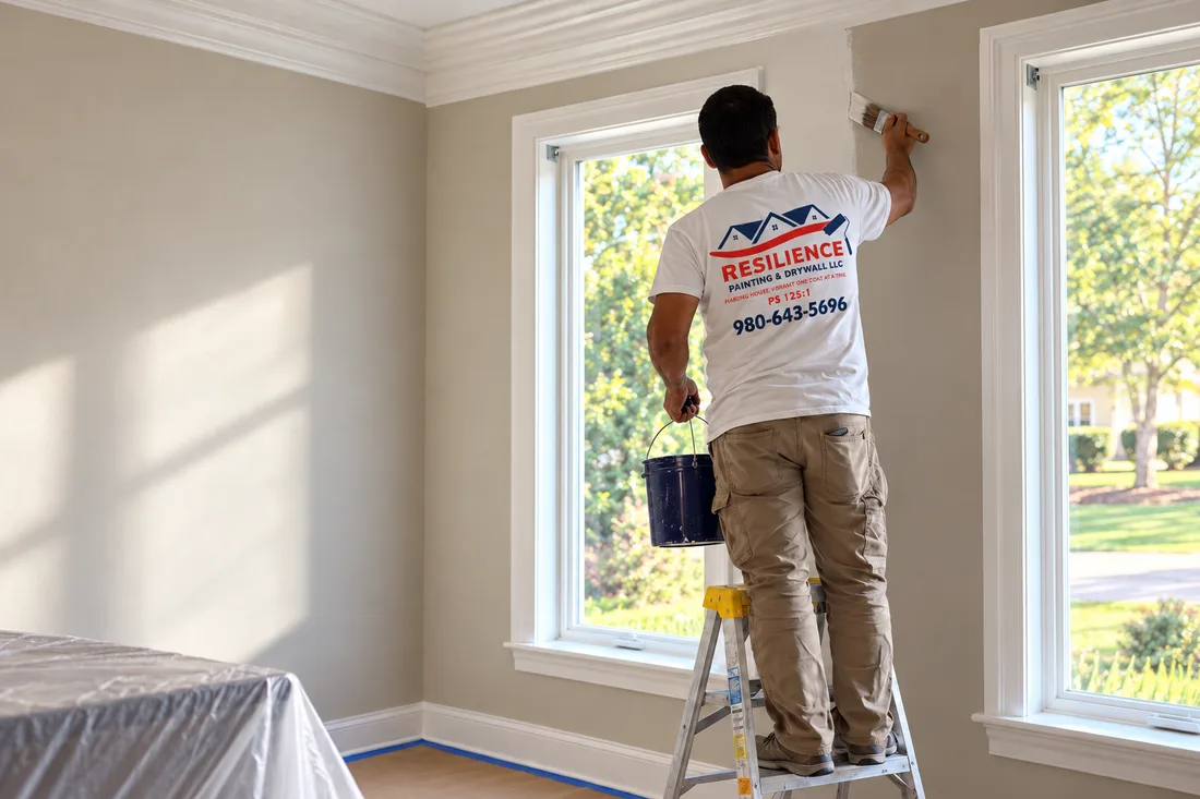 A painter wearing a Resilience Painting & Drywall shirt while painting an interior wall.